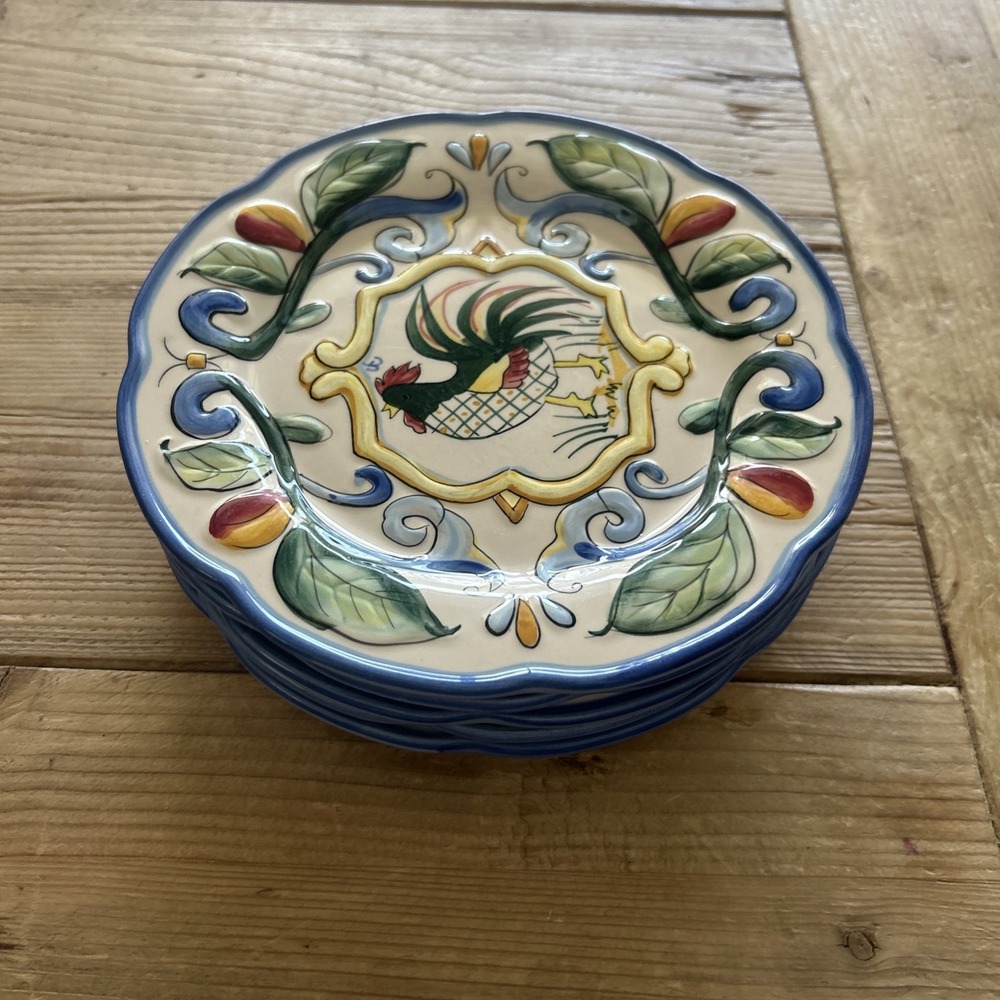 Lot 5 Fitz and Floyd Ricamo Rooster Dessert Side Salad 8 1/4" Decorative Plate